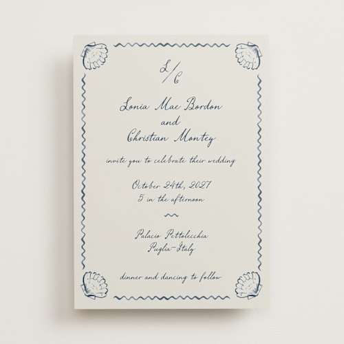 This is a deep ocean wedding invitations with standard by Pati Cascino called puglia printing on signature in standard