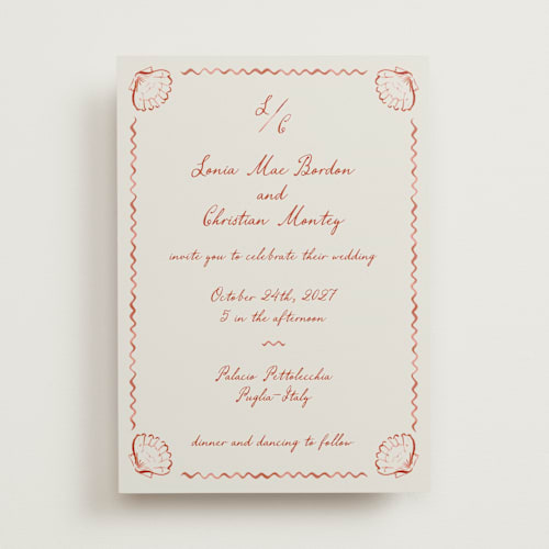 This is a coral wedding invitations with standard by Pati Cascino called puglia printing on signature in standard