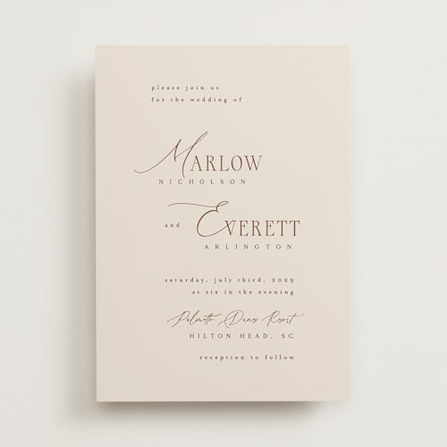 This is a chocolate wedding invitations with standard by Kelly Schmidt called scripted initials printing on signature in standard