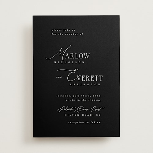 This is a midnight wedding invitations with standard by Kelly Schmidt called scripted initials printing on signature in standard