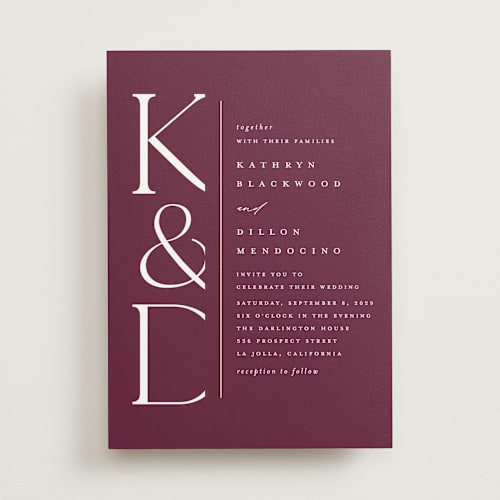 This is a bordeaux wedding invitations with standard by Erica Krystek called modern monogram printing on signature in standard