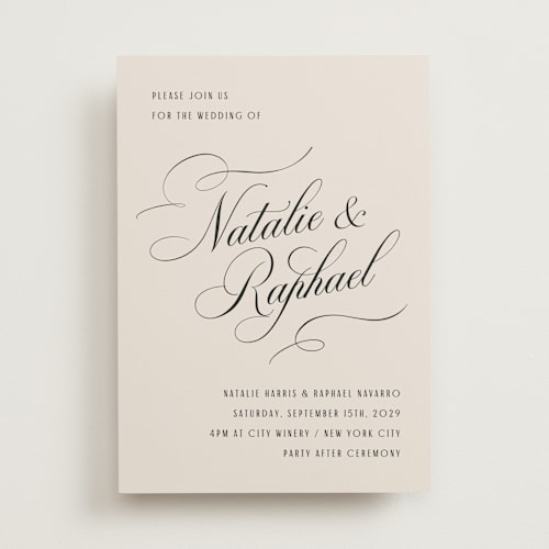 This is a black tie wedding invitations with standard by Hooray Creative called scripted names printing on signature in standard