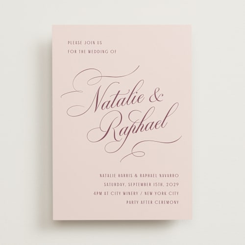 This is a blush wedding invitations with standard by Hooray Creative called scripted names printing on signature in standard