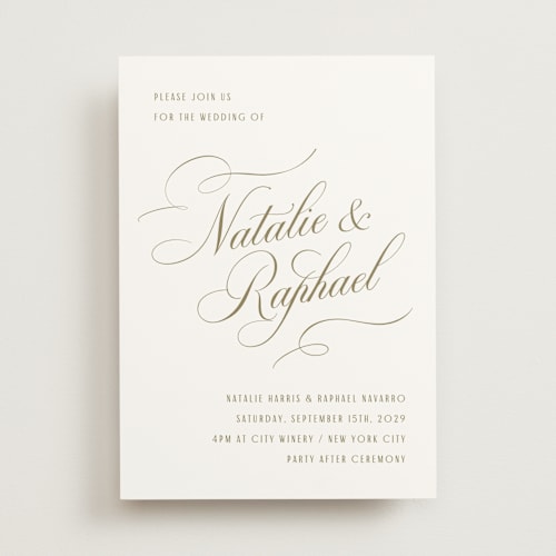 This is a olive green wedding invitations with standard by Hooray Creative called scripted names printing on signature in standard