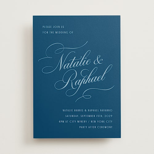 This is a navy wedding invitations with standard by Hooray Creative called scripted names printing on signature in standard