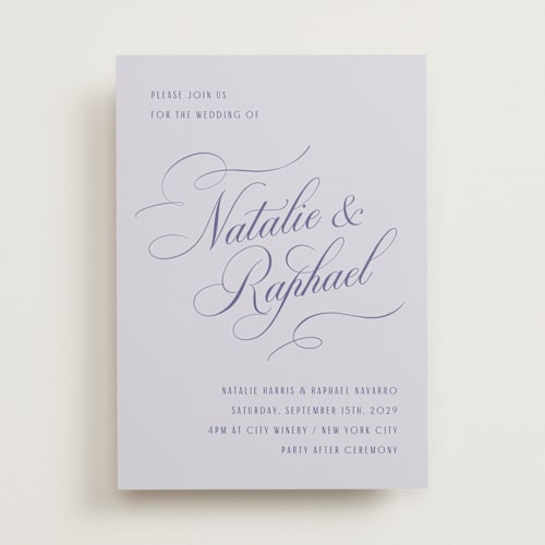This is a violet wedding invitations with standard by Hooray Creative called scripted names printing on signature in standard