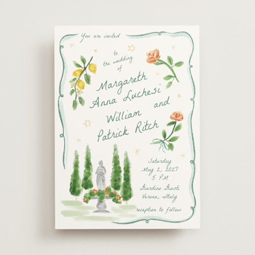 This is a celadon wedding invitations with standard by Pati Cascino called giardino printing on signature in standard