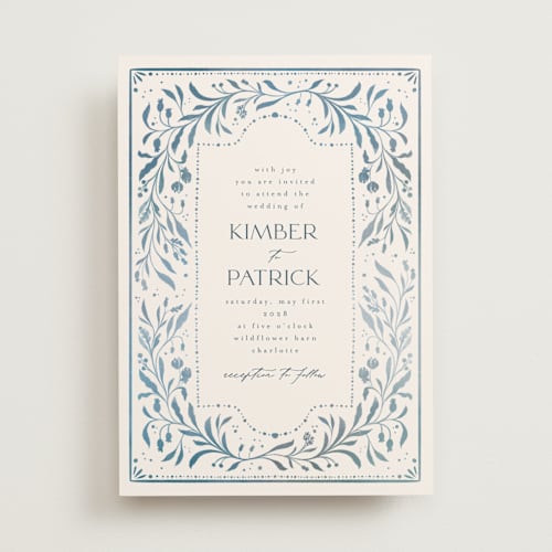 This is a delft blue wedding invitations with standard by Ashley DeMeyere called porcelain printing on signature in standard