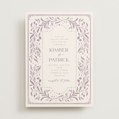 This is a lavender dusk wedding invitations with standard by Ashley DeMeyere called porcelain printing on signature in standard
