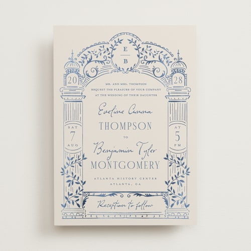 This is a navy wedding invitations with standard by Petra Kern called pavilion printing on signature in standard