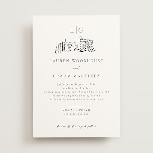 This is a noir wedding invitations with standard by Shiny Penny Studio called countryside villa printing on signature in standard