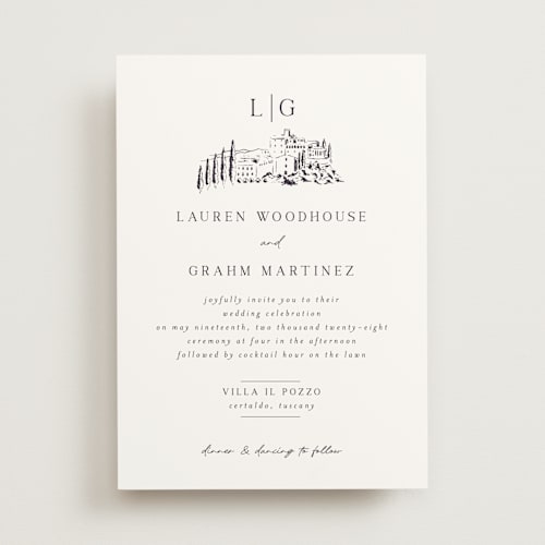 This is a eggplant wedding invitations with standard by Shiny Penny Studio called countryside villa printing on signature in standard