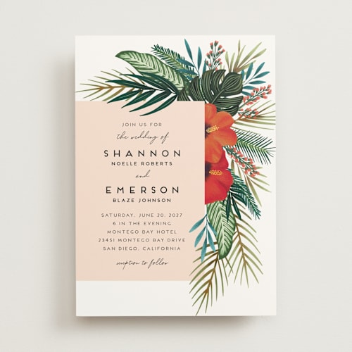This is a coral wedding invitations with standard by Joanna Griffin called tropical oasis printing on signature in standard