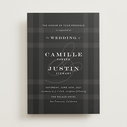This is a obsidian wedding invitations with standard by Jill Means called wedding plaid printing on signature in standard