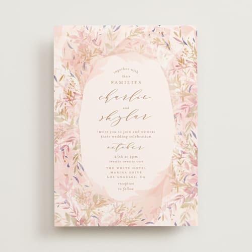 This is a blush wedding invitations with standard by Phrosné Barwood called fantasy floral bride printing on signature in standard