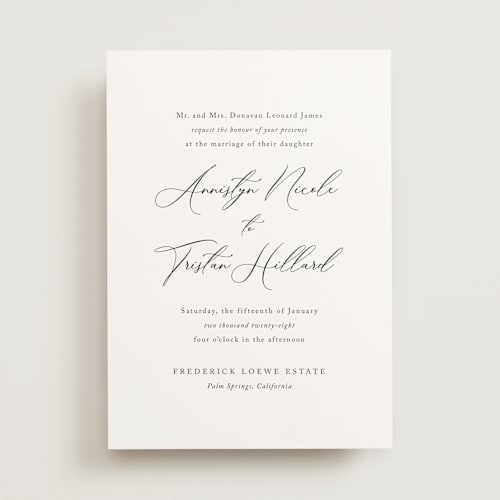 This is a soft black wedding invitations with standard by Jennifer Postorino called love story printing on signature in standard