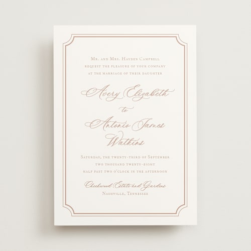 This is a dusty pink wedding invitations with standard by Jennifer Postorino called avery printing on signature in standard