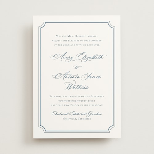 This is a dusty blue wedding invitations with standard by Jennifer Postorino called avery printing on signature in standard