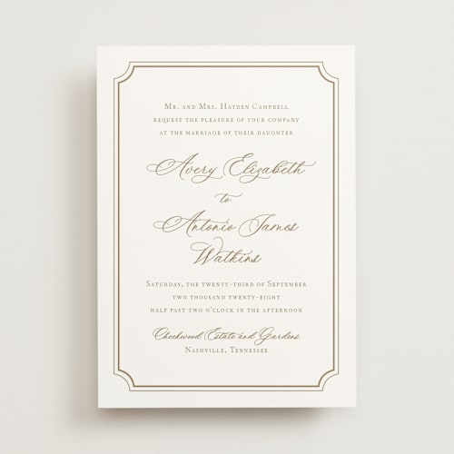 This is a golden wedding invitations with standard by Jennifer Postorino called avery printing on signature in standard