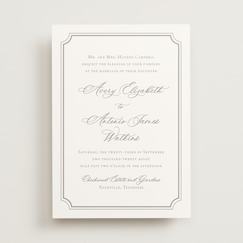 This is a taupe wedding invitations with standard by Jennifer Postorino called avery printing on signature in standard