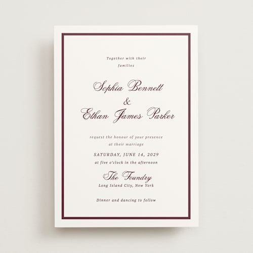 This is a dark merlot wedding invitations with standard by Cass Loh called chic union printing on signature in standard