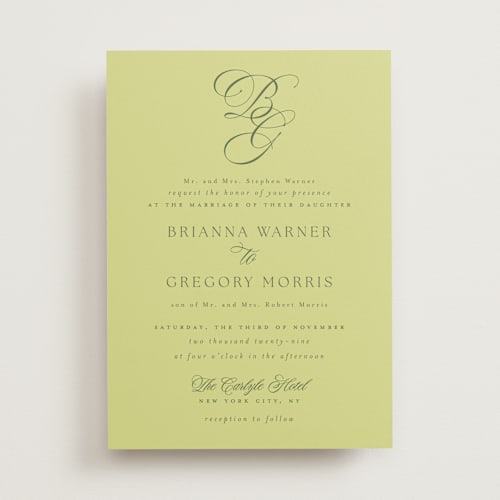 This is a chartreuse wedding invitations with standard by Everett Paper Goods called carlyle printing on signature in standard