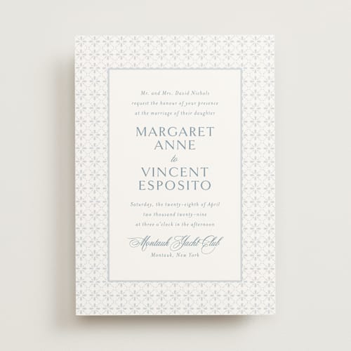 This is a dusty blue wedding invitations with standard by Jennifer Postorino called coastal charm printing on signature in standard