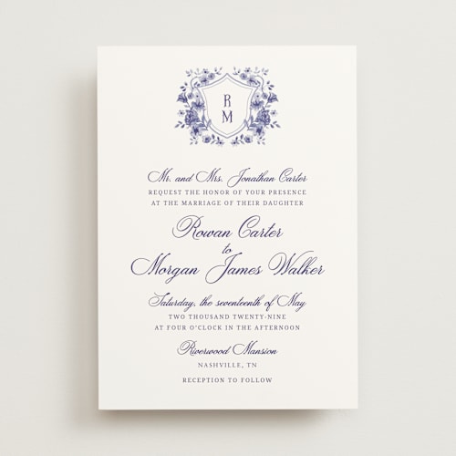 This is a plum wedding invitations with standard by Cass Loh called blooming crest printing on signature in standard