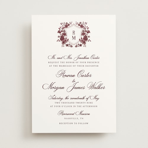 This is a burgundy velvet wedding invitations with standard by Cass Loh called blooming crest printing on signature in standard