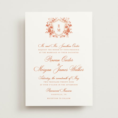 This is a burnt terracotta wedding invitations with standard by Cass Loh called blooming crest printing on signature in standard