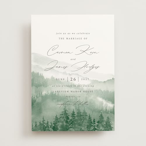 This is a fern wedding invitations with standard by Helen Halik called over the mountains printing on signature in standard