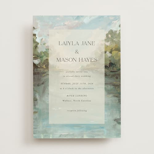 This is a lake wedding invitations with standard by Lindsay Megahed called reflections printing on signature in standard