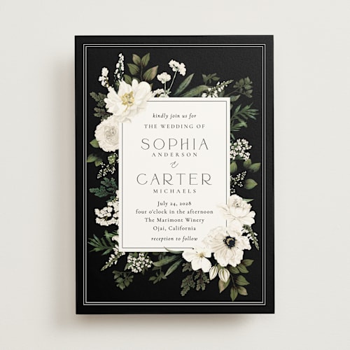 This is a black tie wedding invitations with standard by Susan Moyal called botanical love printing on signature in standard