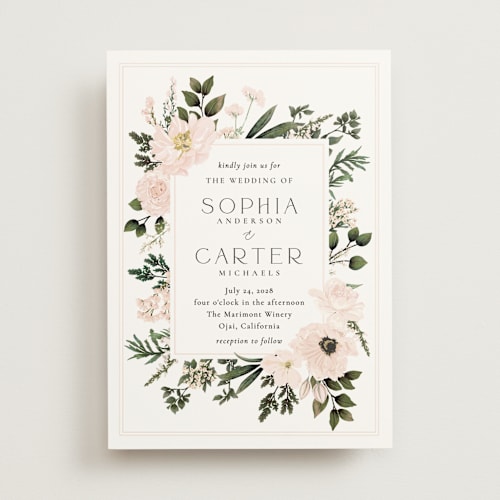 This is a blush wedding invitations with standard by Susan Moyal called botanical love printing on signature in standard