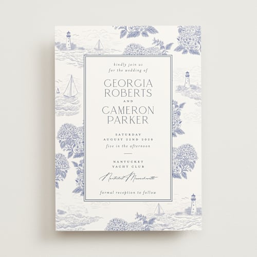 This is a periwinkle wedding invitations with standard by Jenna Holcomb called coastal toile printing on signature in standard