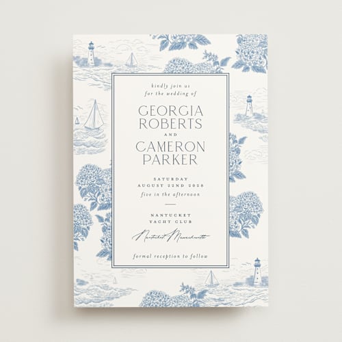 This is a sea wedding invitations with standard by Jenna Holcomb called coastal toile printing on signature in standard