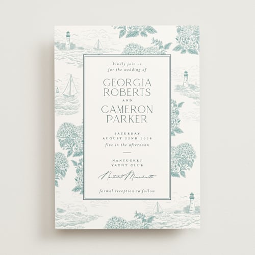 This is a seaglass wedding invitations with standard by Jenna Holcomb called coastal toile printing on signature in standard