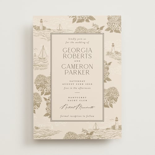 This is a sand wedding invitations with standard by Jenna Holcomb called coastal toile printing on signature in standard