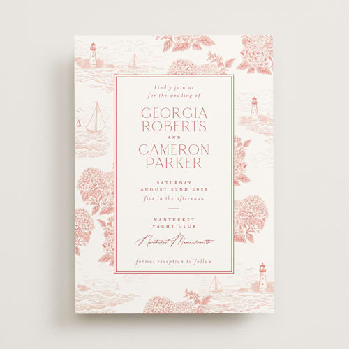 This is a coral wedding invitations with standard by Jenna Holcomb called coastal toile printing on signature in standard