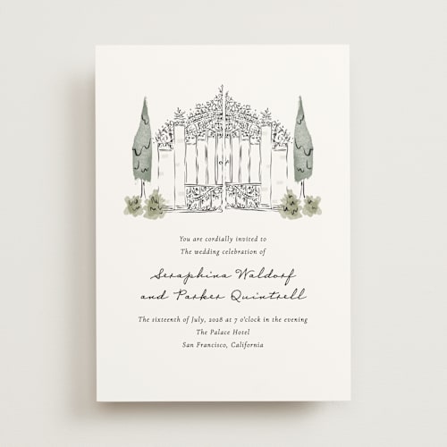 This is a forest wedding invitations with standard by Jackie Crawford called hand illustrated garden gate printing on signature in standard