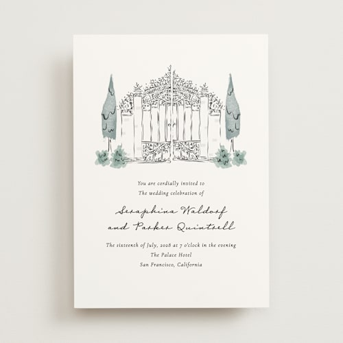 This is a mist wedding invitations with standard by Jackie Crawford called hand illustrated garden gate printing on signature in standard