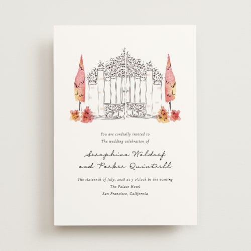 This is a burnt sienna wedding invitations with standard by Jackie Crawford called hand illustrated garden gate printing on signature in standard