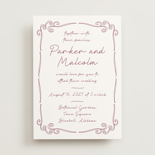 This is a wine wedding invitations with standard by Zani van Zyl called santorini printing on signature in standard