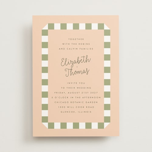This is a peach wedding invitations with standard by Baumbirdy called boardwalk printing on signature in standard