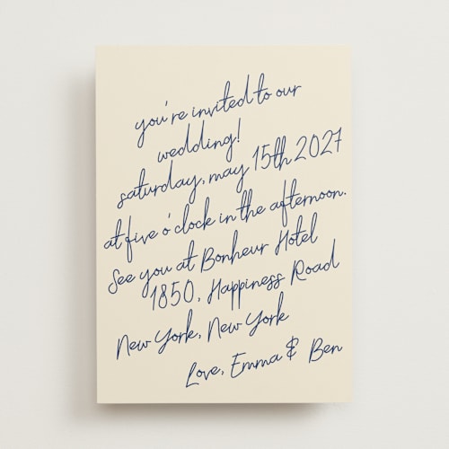 This is a blue velvet wedding invitations with standard by Helena Vitto called handwritten letter printing on signature in standard