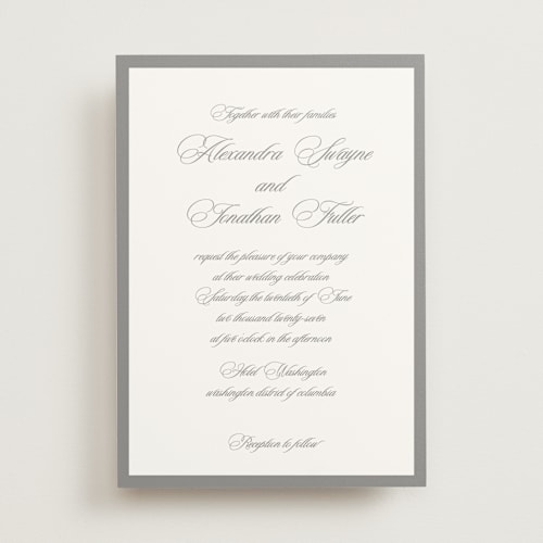 This is a pewter wedding invitations with standard by That Girl Press called black tie printing on signature in standard