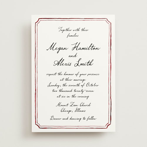 This is a wine wedding invitations with standard by Cass Loh called handwritten printing on signature in standard
