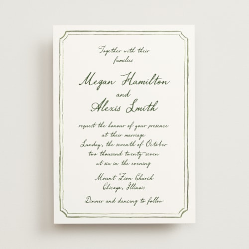 This is a moss wedding invitations with standard by Cass Loh called handwritten printing on signature in standard