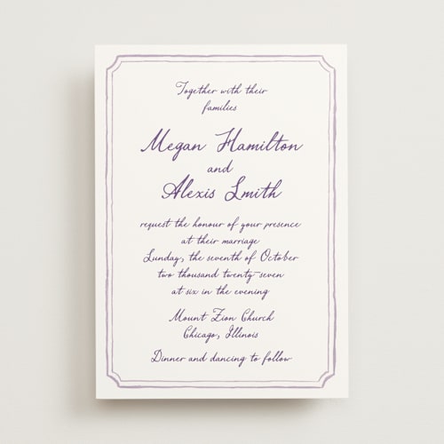This is a lavender wedding invitations with standard by Cass Loh called handwritten printing on signature in standard