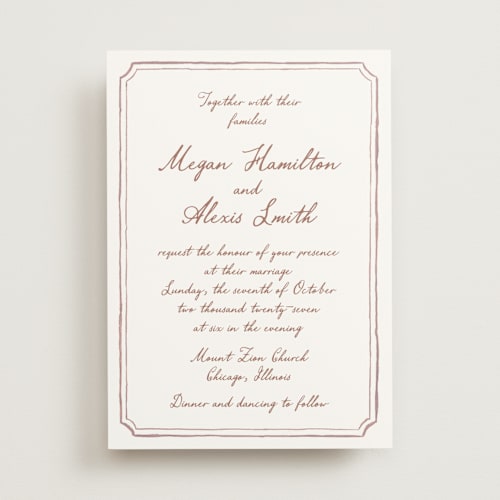 This is a rosewood wedding invitations with standard by Cass Loh called handwritten printing on signature in standard